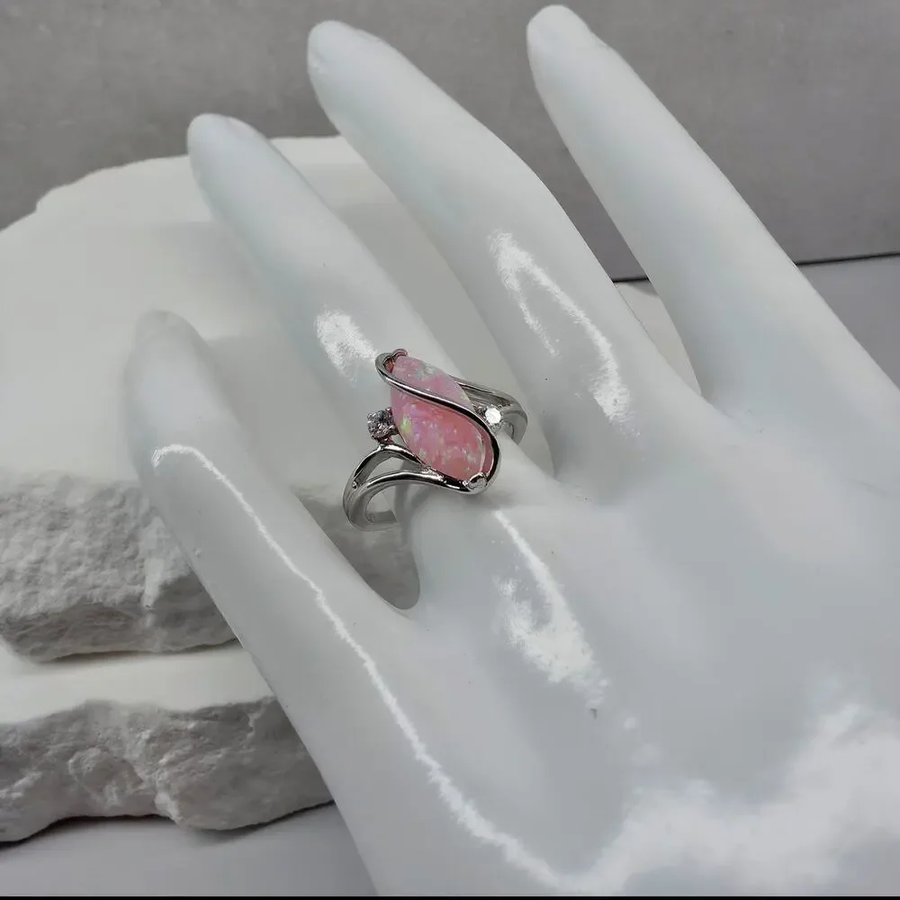 Size 9 Marquise Pink Fire Opal Ribbon Bypass Ring in Solid 925 Sterling Silver
